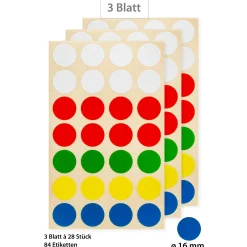 Vielzweck-Etiketten 'Punkte in 5 Farben' Ø 16 mm, 84 Stück